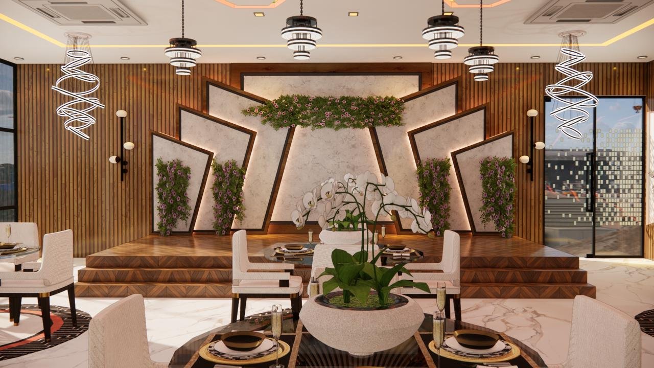 Layered dining space with natural wood, greenery, and bespoke lighting